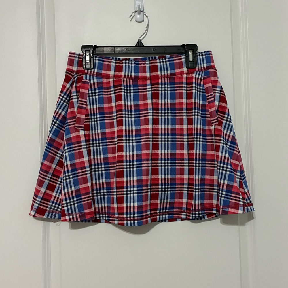 4/$25 Talbots Plaid Skort Red Blue White M Pockets Lined Preppy Short Button